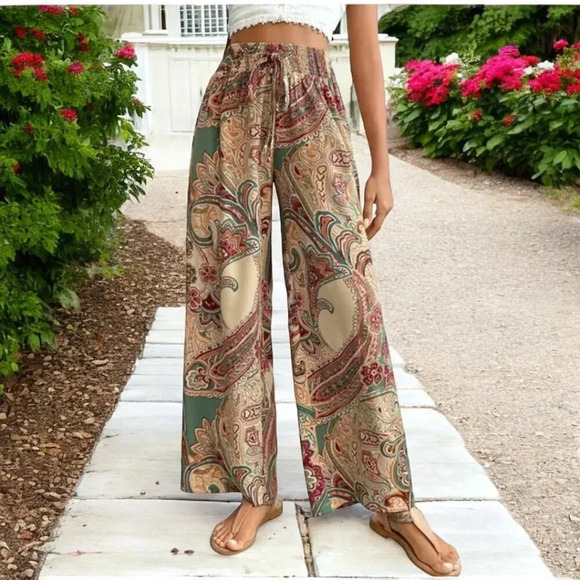 🆕️XL Boho Bliss 🌸✨ - Trendy Paisley Wide-Leg Pants with Tassel Tie and Pockets - Picture 12 of 12